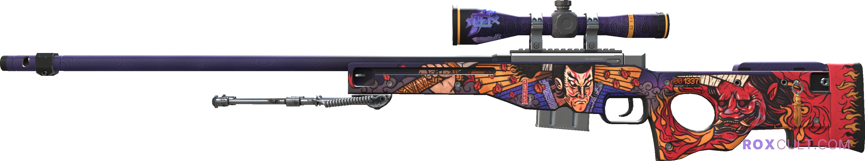 StatTrak™ AWP | Oni Taiji (Factory New) — rox (Holo) Antwerp 2022 craft, playside view with 1 rox (Holo) sticker