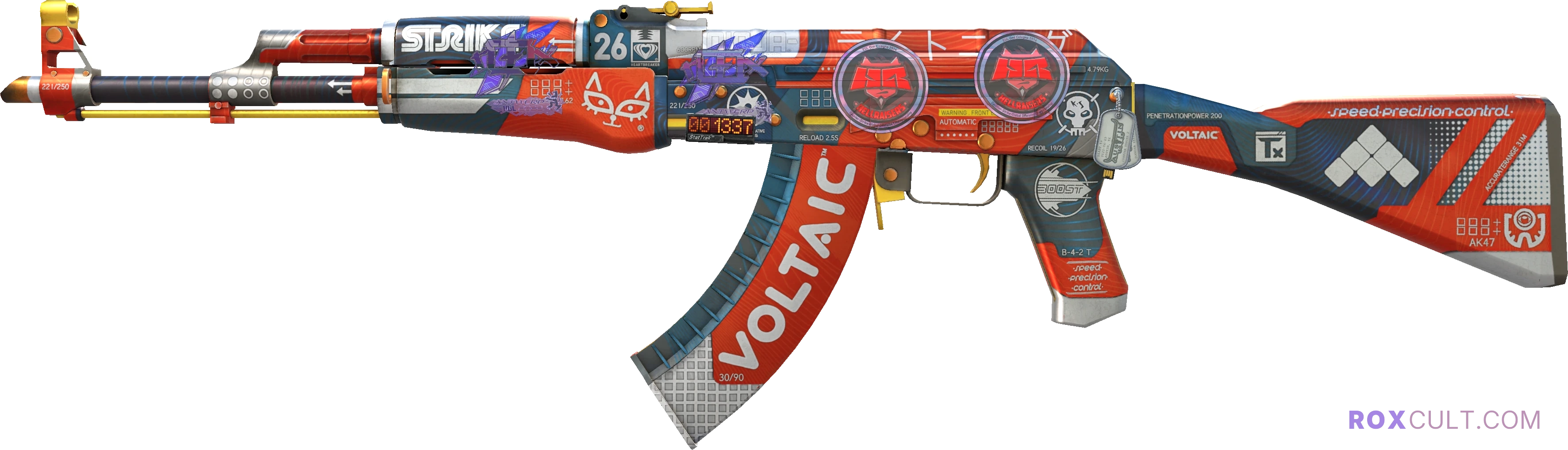 StatTrak™ AK-47 | Bloodsport (Minimal Wear) — rox (Holo) Antwerp 2022 craft, playside view with 2 rox (Holo) stickers