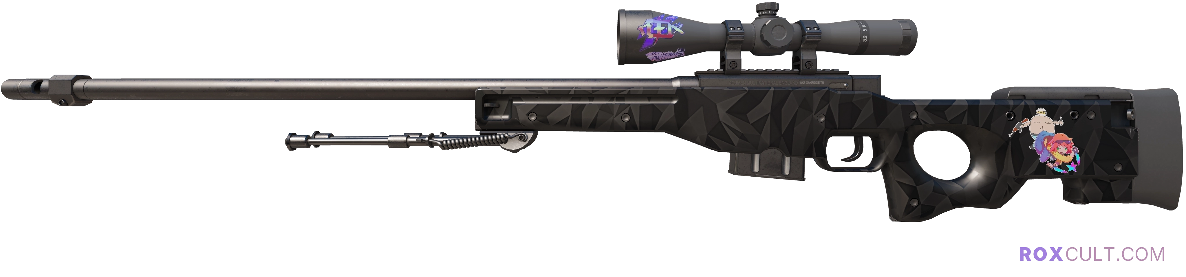 AWP | Graphite (Factory New) — rox (Holo) Antwerp 2022 craft, playside view with 1 rox (Holo) sticker