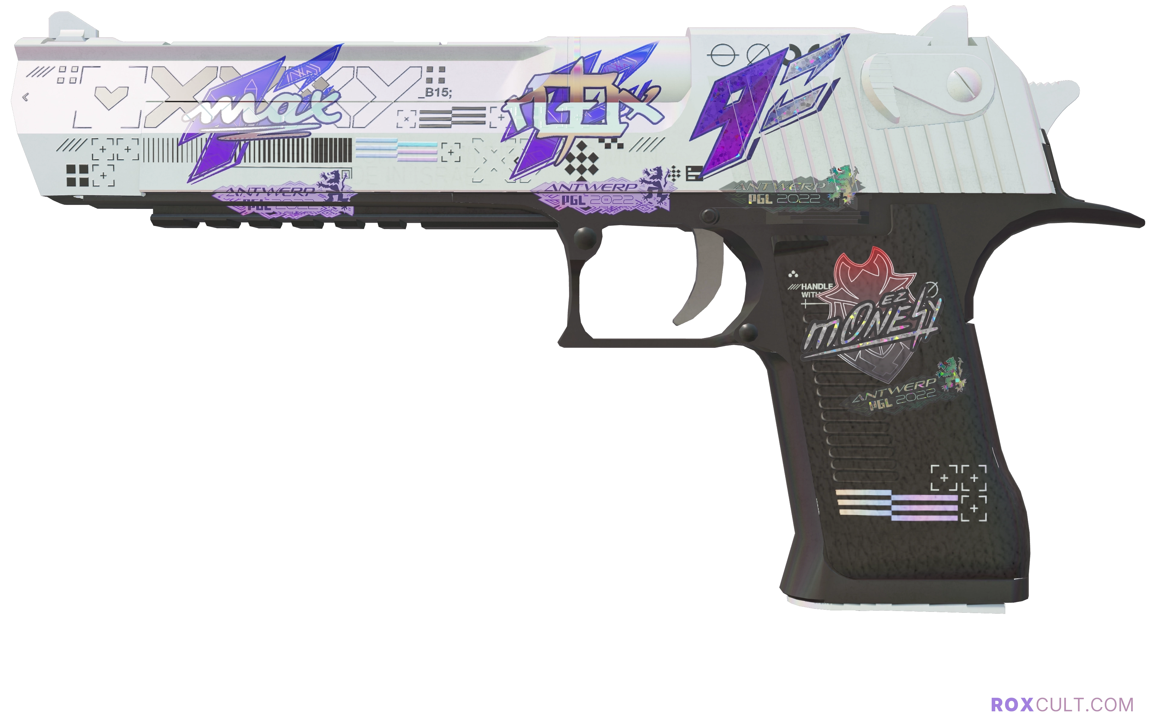 Desert Eagle | Printstream (Minimal Wear) — rox (Holo) Antwerp 2022 craft, playside view with 1 rox (Holo) sticker