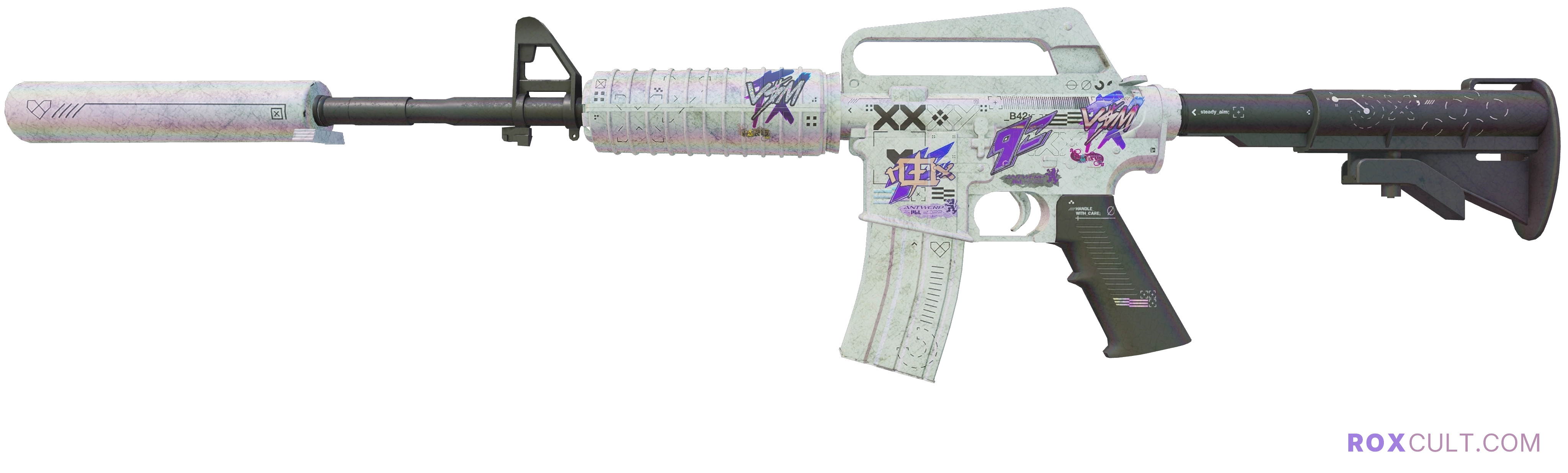 M4A1-S | Printstream (Battle-Scarred) — rox (Holo) Antwerp 2022 craft, playside view with 1 rox (Holo) sticker