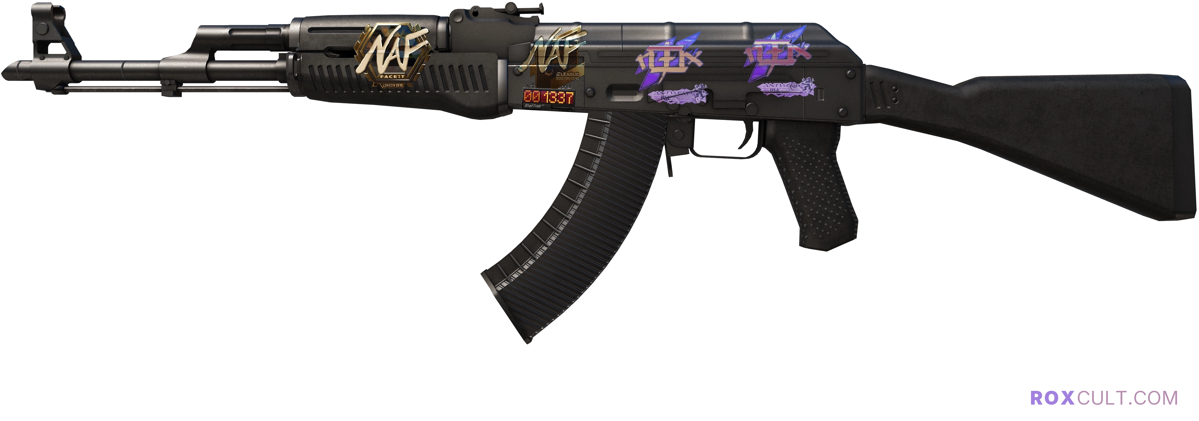 StatTrak™ AK-47 | Slate (Minimal Wear) — rox (Holo) Antwerp 2022 craft, playside view with 2 rox (Holo) stickers