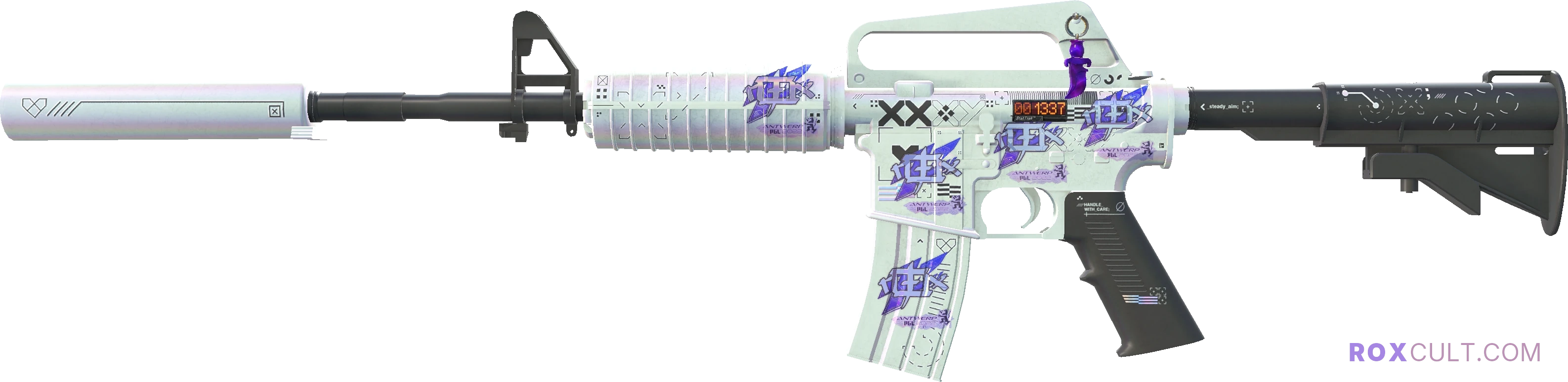 StatTrak™ M4A1-S | Printstream (Factory New) — rox (Holo) Antwerp 2022 craft, playside view with 5 rox (Holo) stickers
