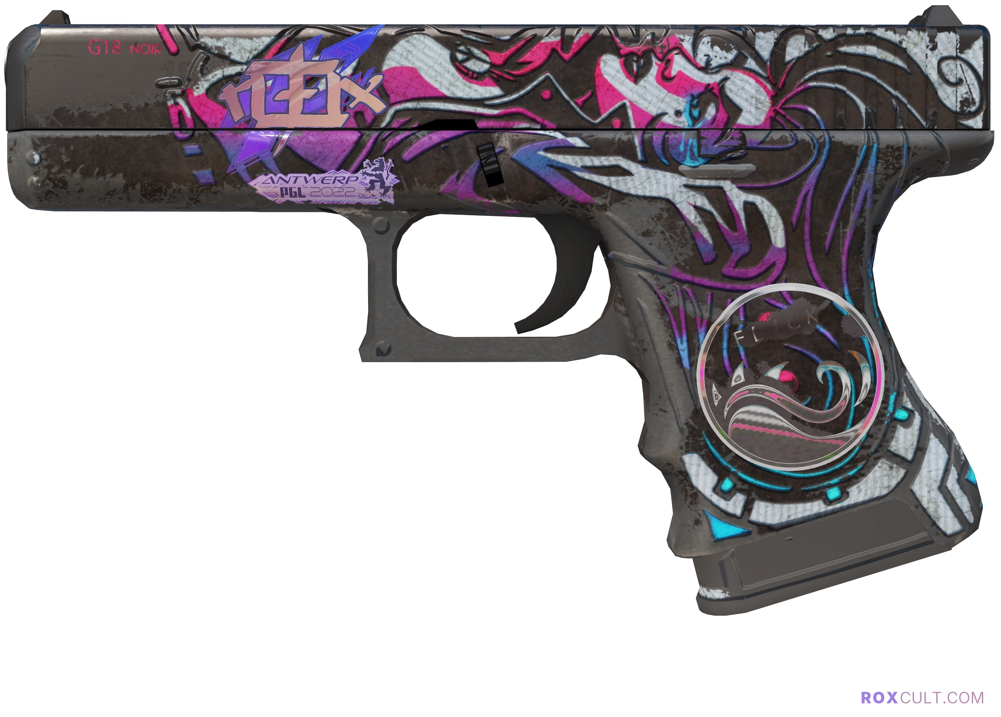 Glock-18 | Neo-Noir (Battle-Scarred) — rox (Holo) Antwerp 2022 craft, playside view with 1 rox (Holo) sticker