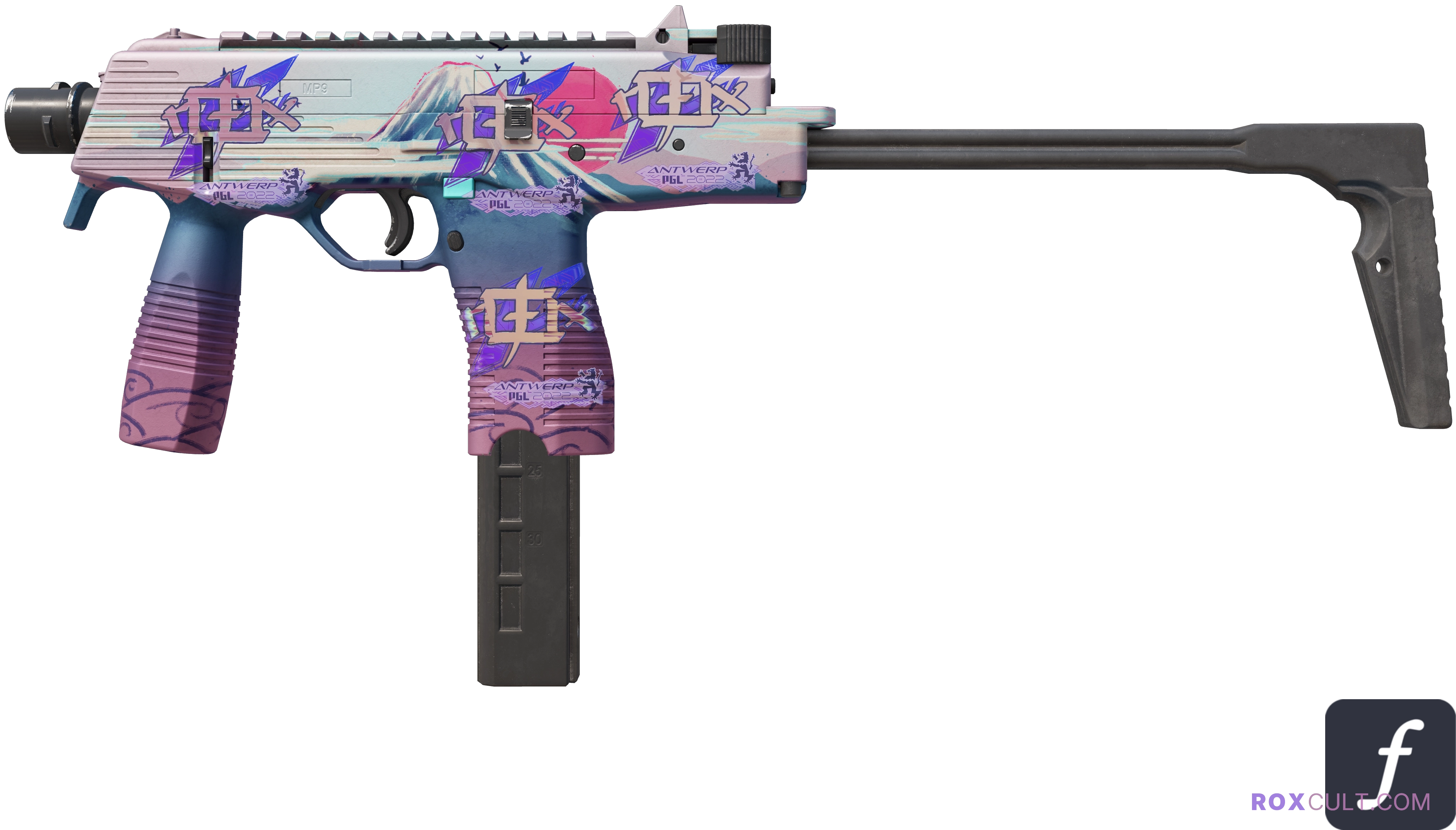 MP9 | Mount Fuji (Factory New) — rox (Holo) Antwerp 2022 craft, playside view with 4 rox (Holo) stickers