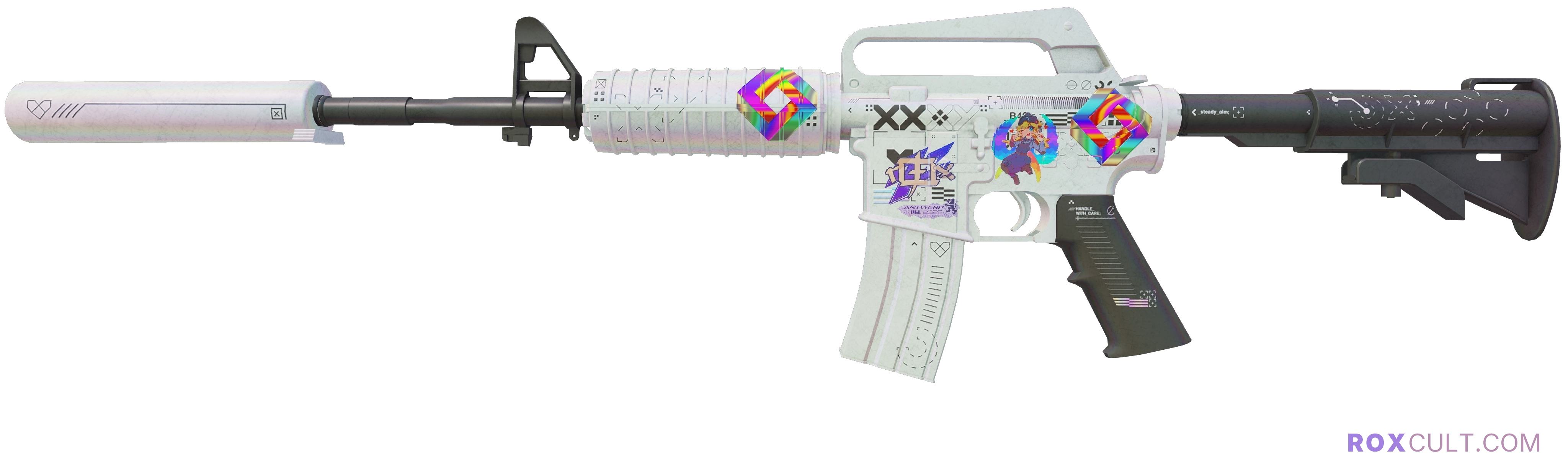 M4A1-S | Printstream (Field-Tested) — rox (Holo) Antwerp 2022 craft, playside view with 1 rox (Holo) sticker