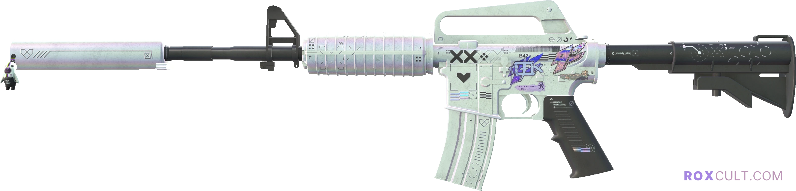 M4A1-S | Printstream (Field-Tested) — rox (Holo) Antwerp 2022 craft, playside view with 1 rox (Holo) sticker