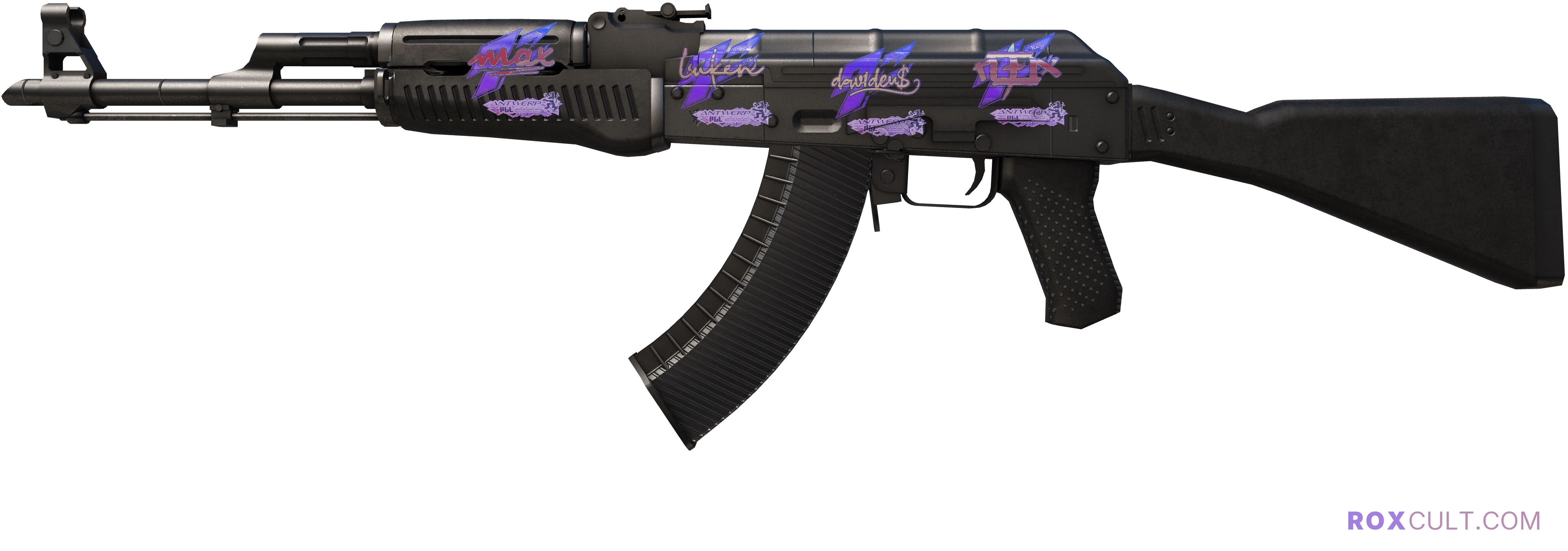 AK-47 | Slate (Minimal Wear) — rox (Holo) Antwerp 2022 craft, playside view with 1 rox (Holo) sticker