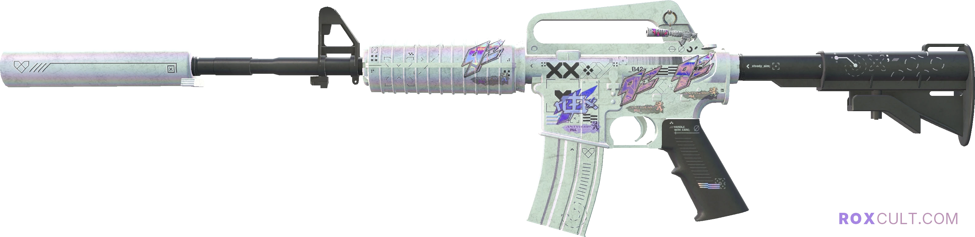 M4A1-S | Printstream (Well-Worn) — rox (Holo) Antwerp 2022 craft, playside view with 1 rox (Holo) sticker
