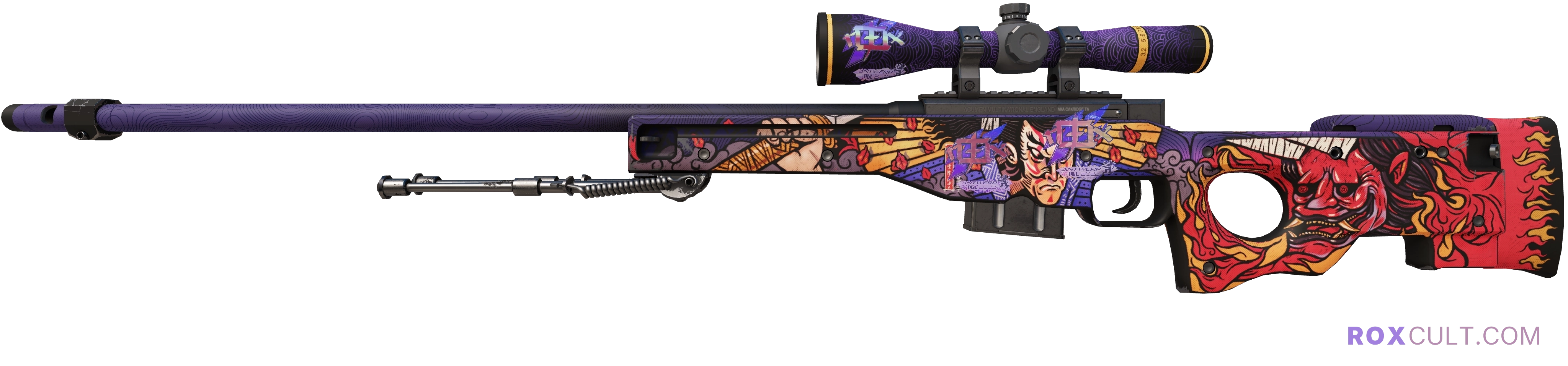 AWP | Oni Taiji (Factory New) — rox (Holo) Antwerp 2022 craft, playside view with 3 rox (Holo) stickers