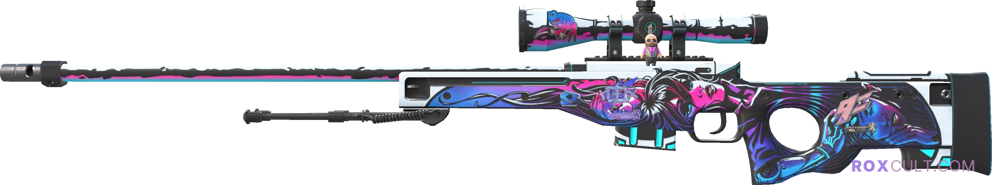 AWP | Neo-Noir (Factory New) — rox (Holo) Antwerp 2022 craft, playside view with 1 rox (Holo) sticker