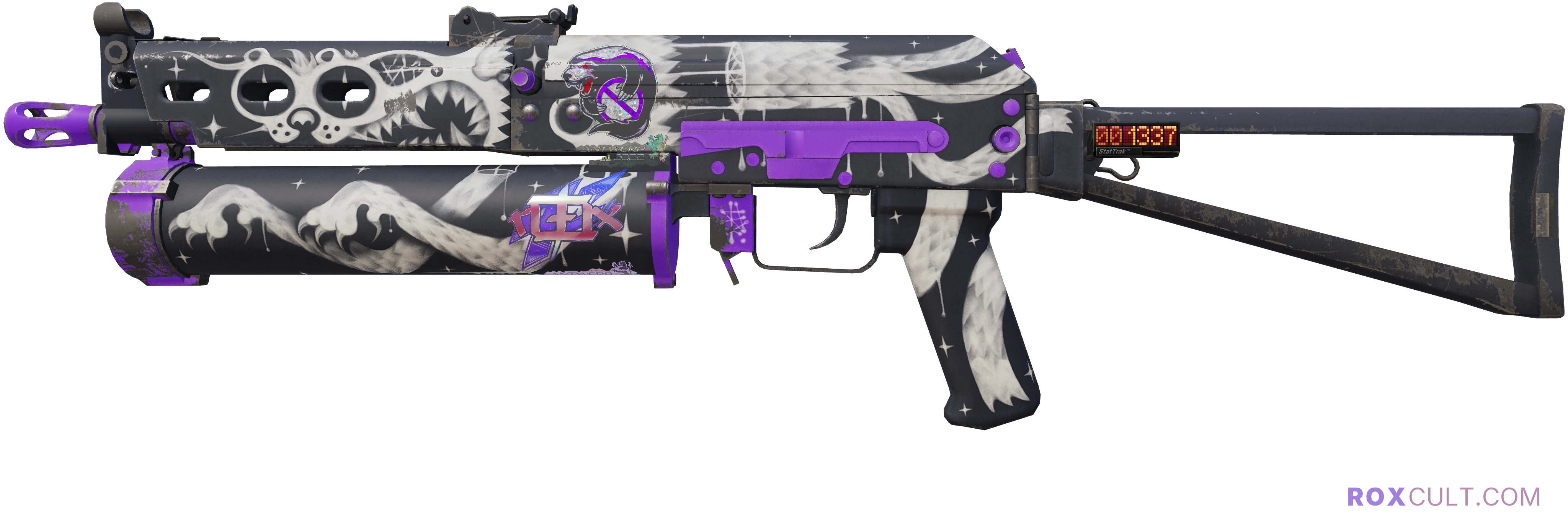 StatTrak™ PP-Bizon | Space Cat (Minimal Wear) — rox (Holo) Antwerp 2022 craft, playside view with 1 rox (Holo) sticker