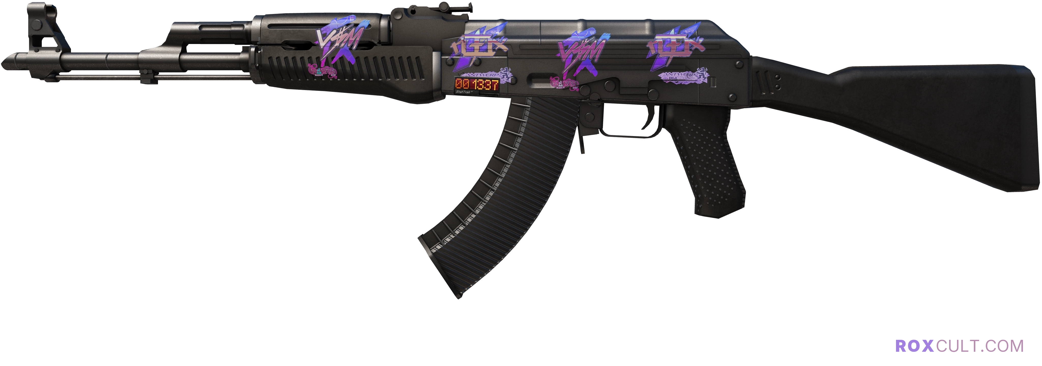 StatTrak™ AK-47 | Slate (Factory New) — rox (Holo) Antwerp 2022 craft, playside view with 2 rox (Holo) stickers