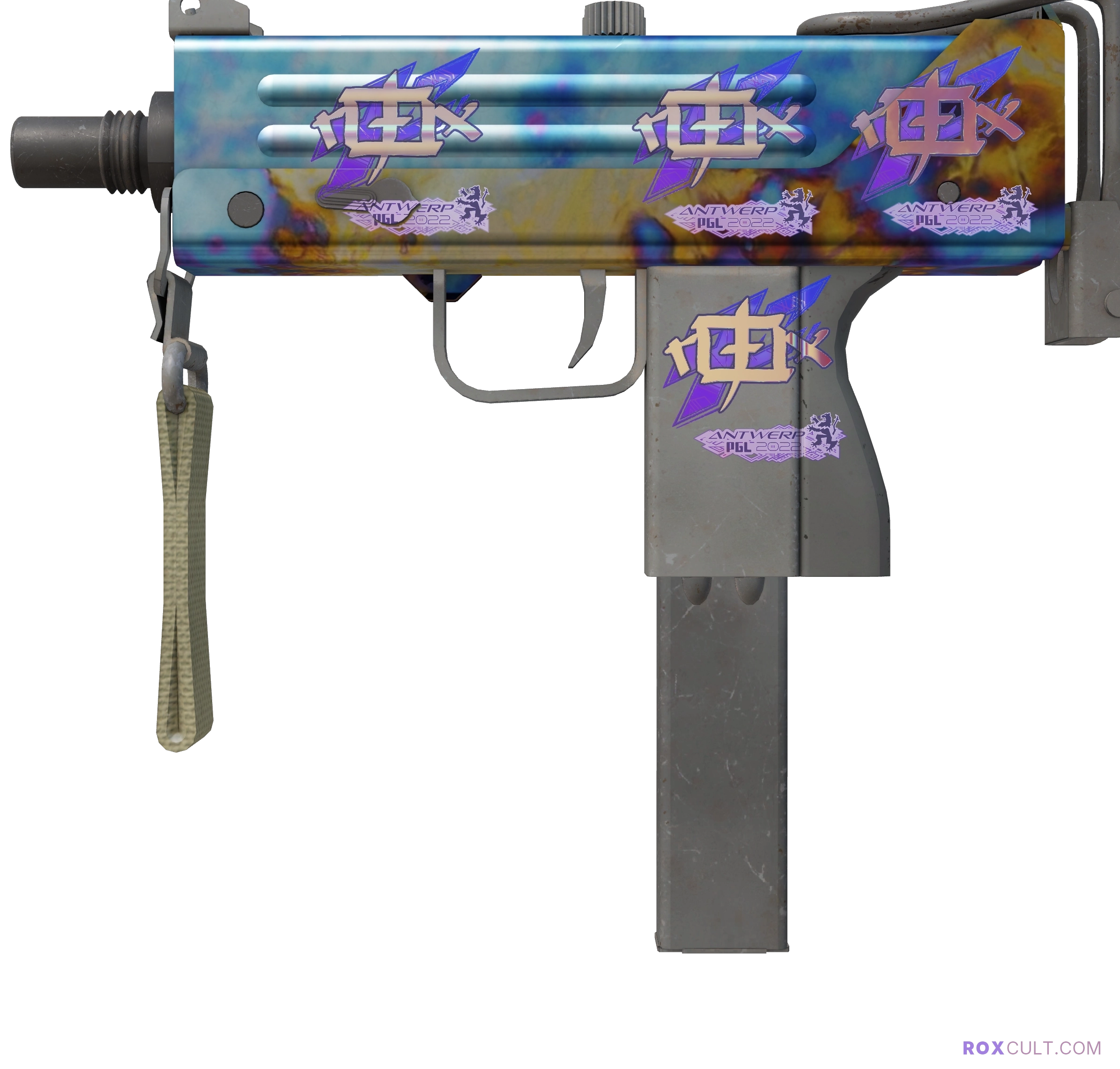MAC-10 | Case Hardened (Factory New) — rox (Holo) Antwerp 2022 craft, playside view with 4 rox (Holo) stickers