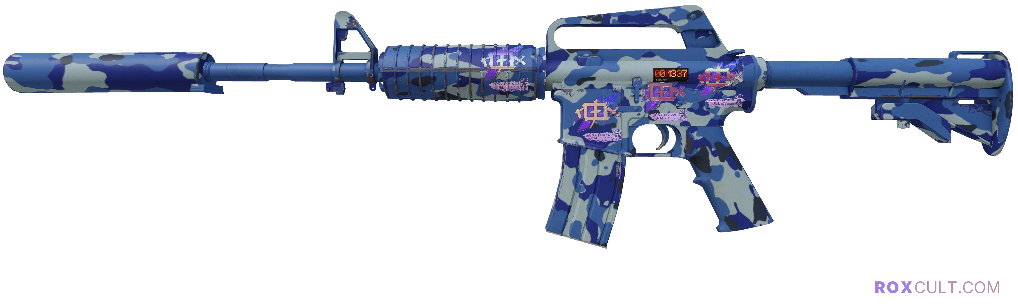 StatTrak™ M4A1-S | Bright Water (Minimal Wear) — rox (Holo) Antwerp 2022 craft, playside view with 4 rox (Holo) stickers