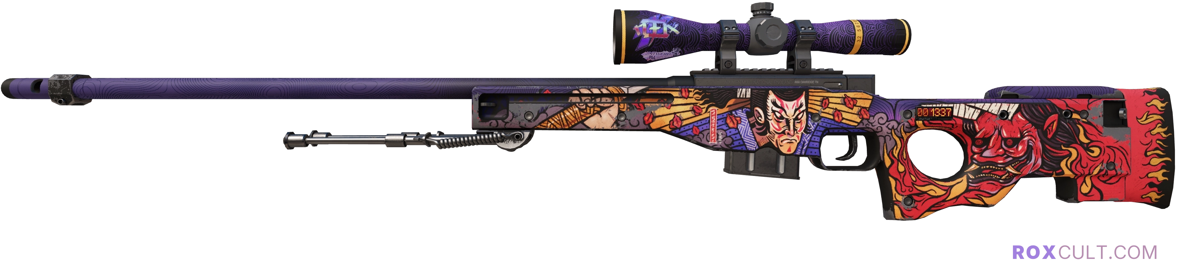 StatTrak™ AWP | Oni Taiji (Field-Tested) — rox (Holo) Antwerp 2022 craft, playside view with 1 rox (Holo) sticker