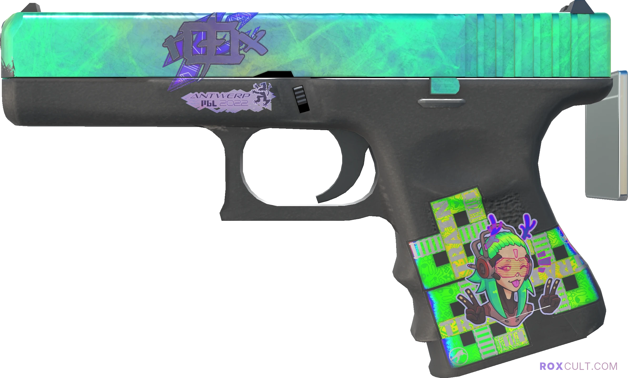 Glock-18 | Gamma Doppler (Factory New) — rox (Holo) Antwerp 2022 craft, playside view with 1 rox (Holo) sticker