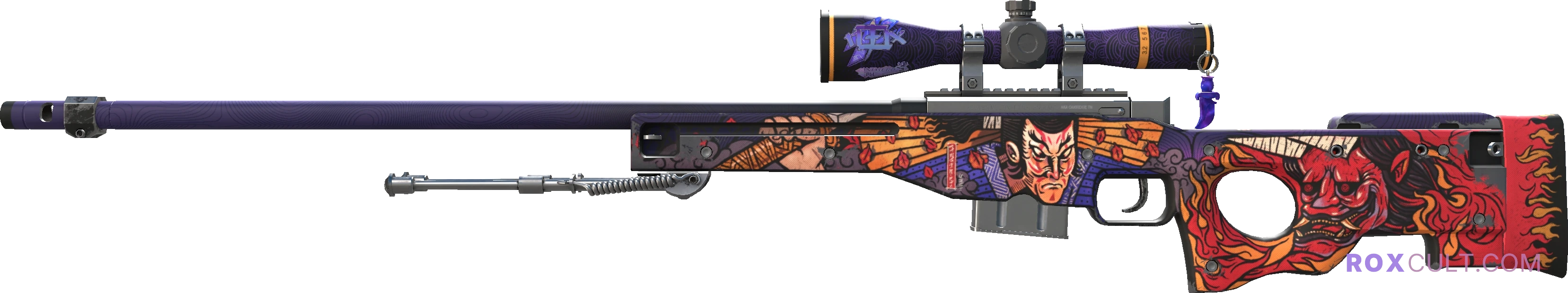 AWP | Oni Taiji (Minimal Wear) — rox (Holo) Antwerp 2022 craft, playside view with 1 rox (Holo) sticker