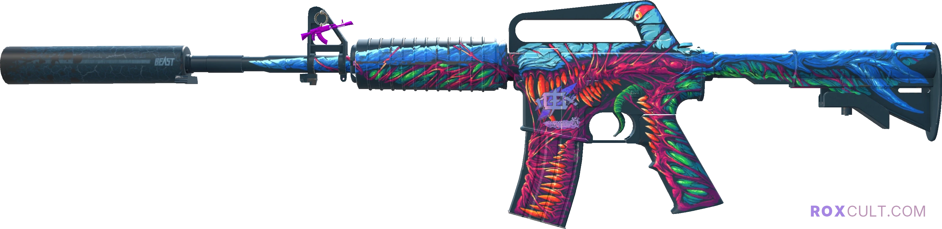 M4A1-S | Hyper Beast (Minimal Wear) — rox (Holo) Antwerp 2022 craft, playside view with 1 rox (Holo) sticker