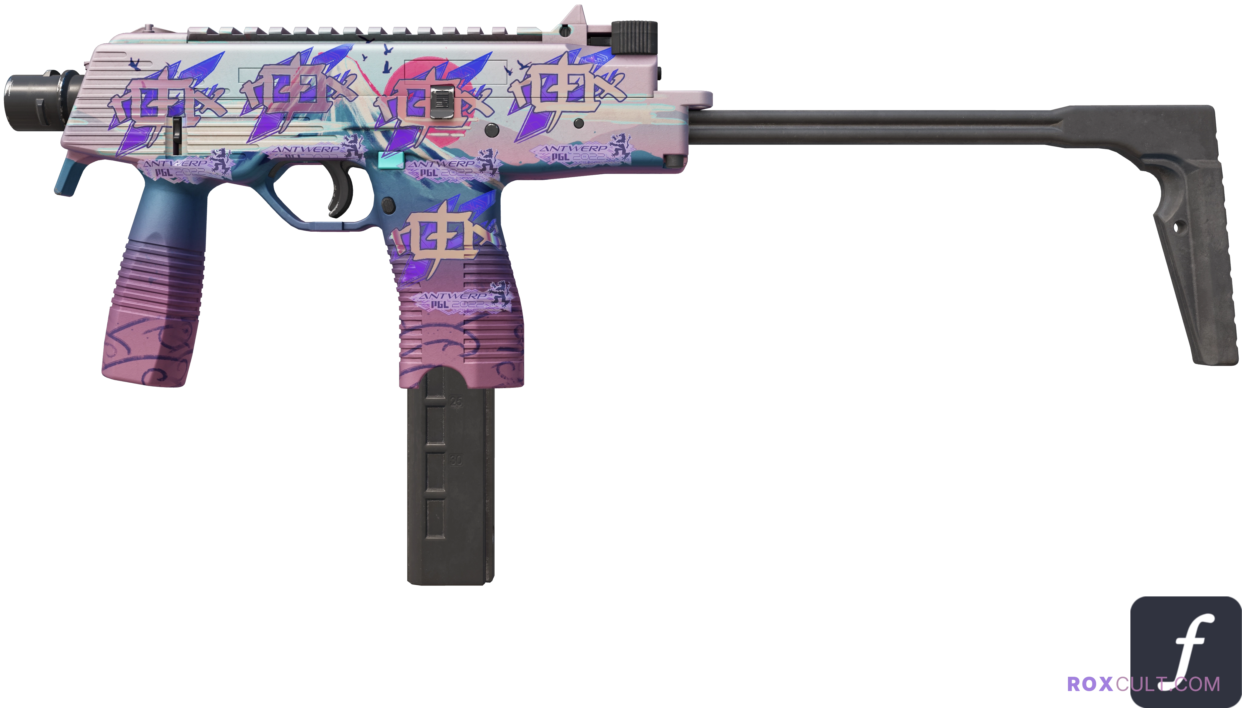 MP9 | Mount Fuji (Factory New) — rox (Holo) Antwerp 2022 craft, playside view with 5 rox (Holo) stickers