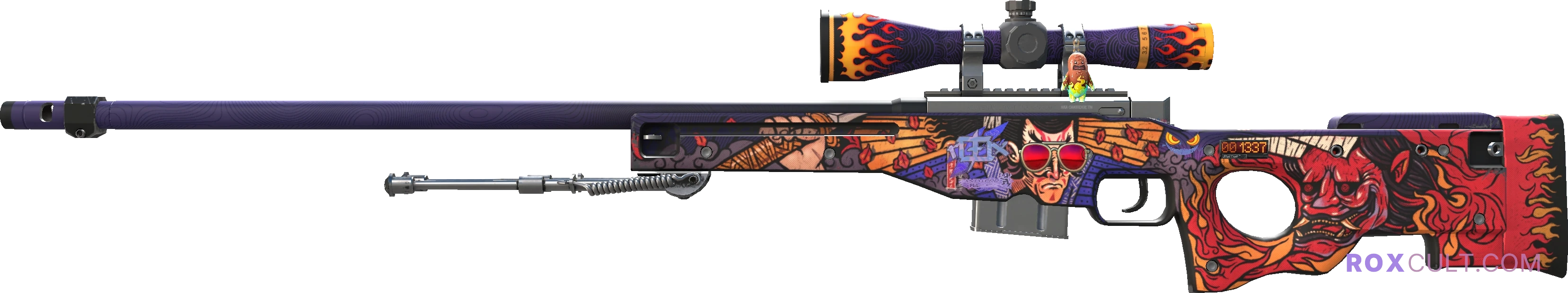 StatTrak™ AWP | Oni Taiji (Factory New) — rox (Holo) Antwerp 2022 craft, playside view with 1 rox (Holo) sticker