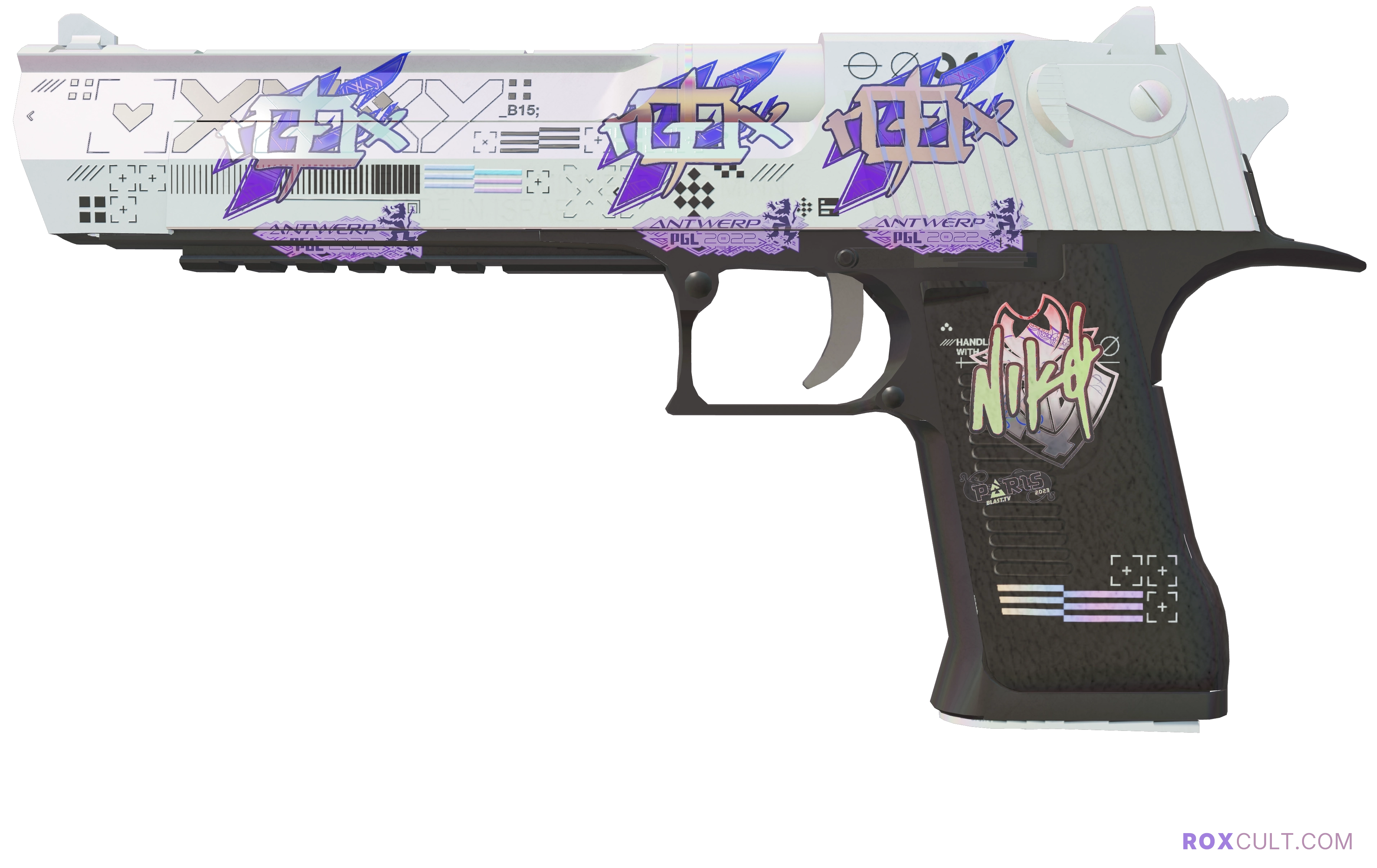 Desert Eagle | Printstream (Factory New) — rox (Holo) Antwerp 2022 craft, playside view with 3 rox (Holo) stickers