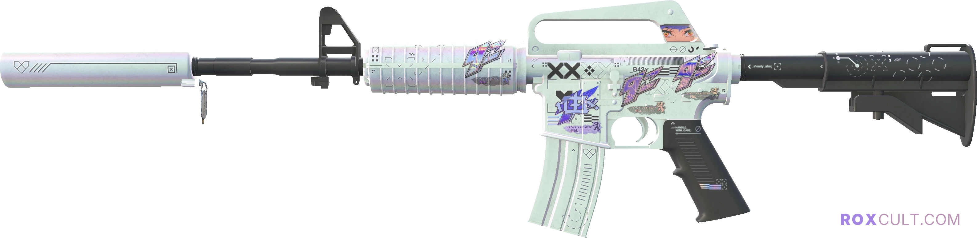 M4A1-S | Printstream (Factory New) — rox (Holo) Antwerp 2022 craft, playside view with 1 rox (Holo) sticker
