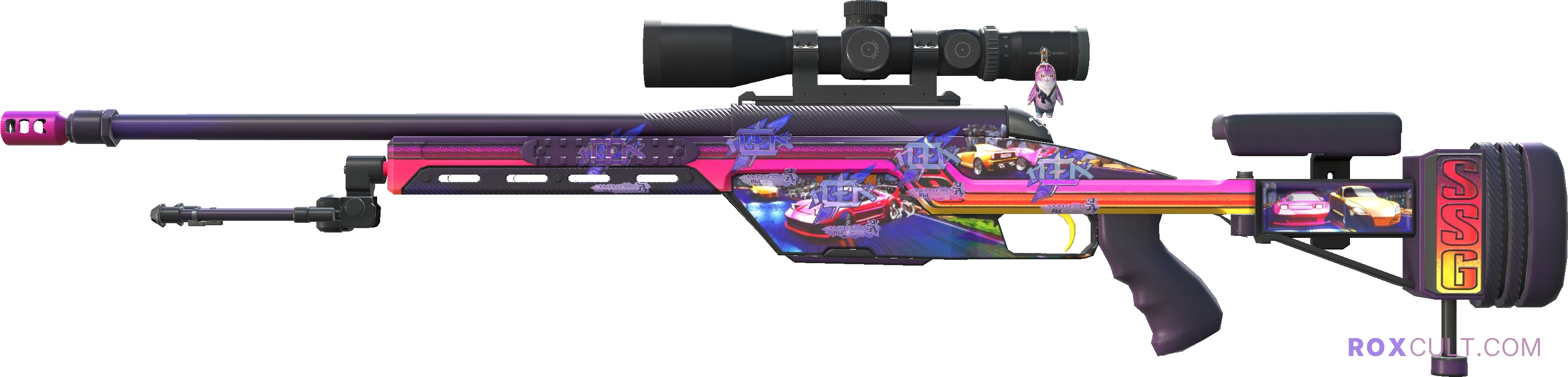 SSG 08 | Turbo Peek (Factory New) — rox (Holo) Antwerp 2022 craft, playside view with 5 rox (Holo) stickers
