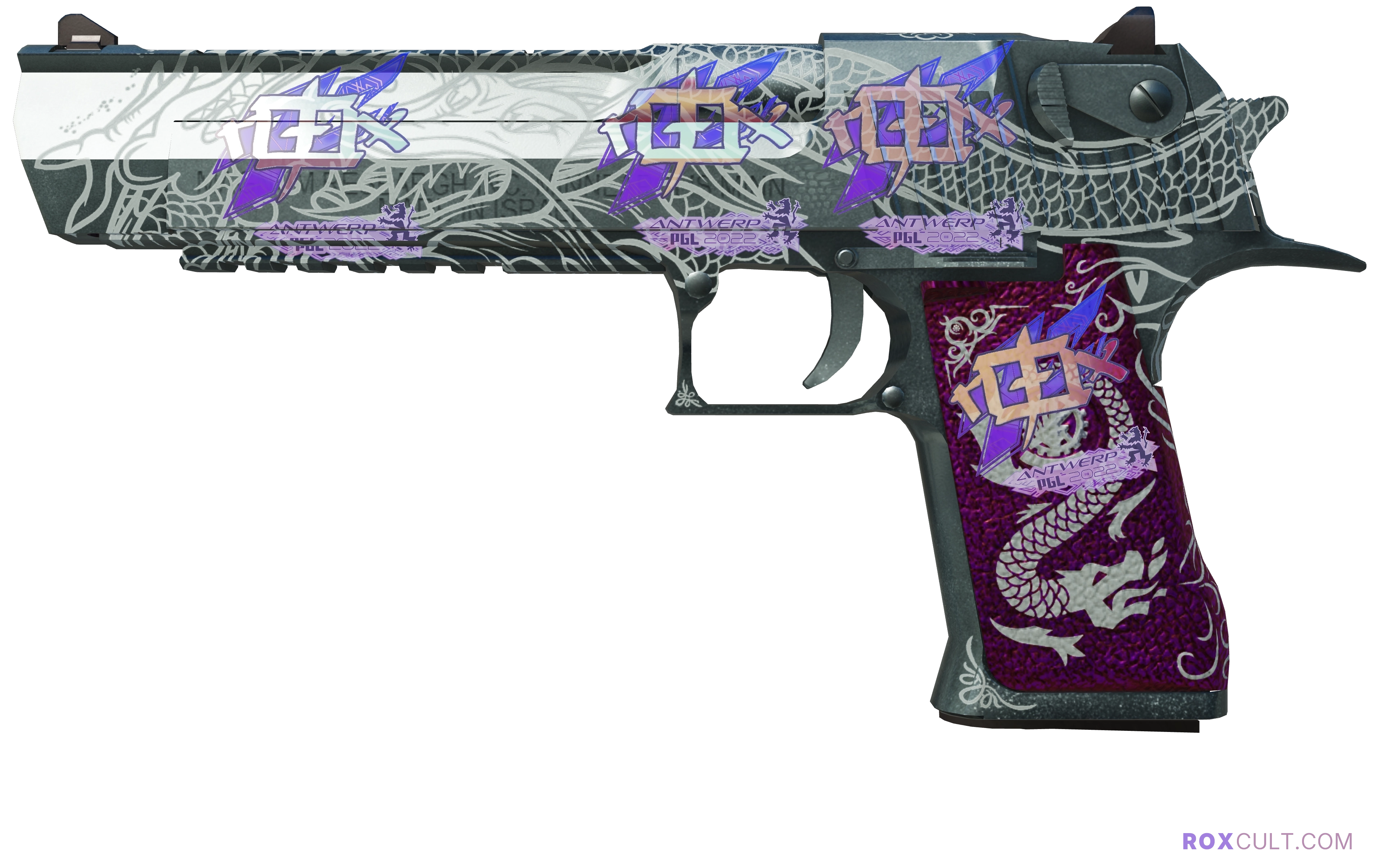 Desert Eagle | Kumicho Dragon (Factory New) — rox (Holo) Antwerp 2022 craft, playside view with 4 rox (Holo) stickers