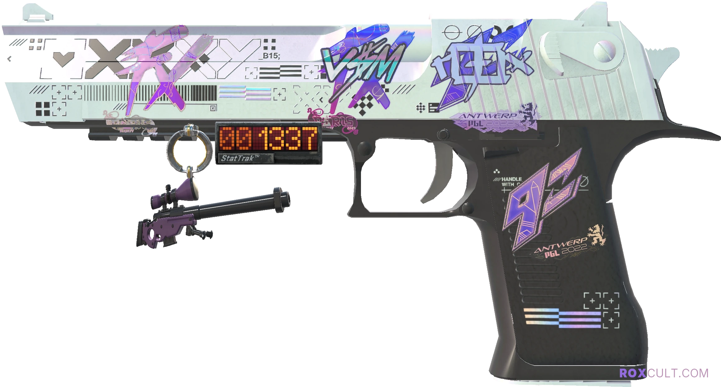 StatTrak™ Desert Eagle | Printstream (Factory New) — rox (Holo) Antwerp 2022 craft, playside view with 1 rox (Holo) sticker