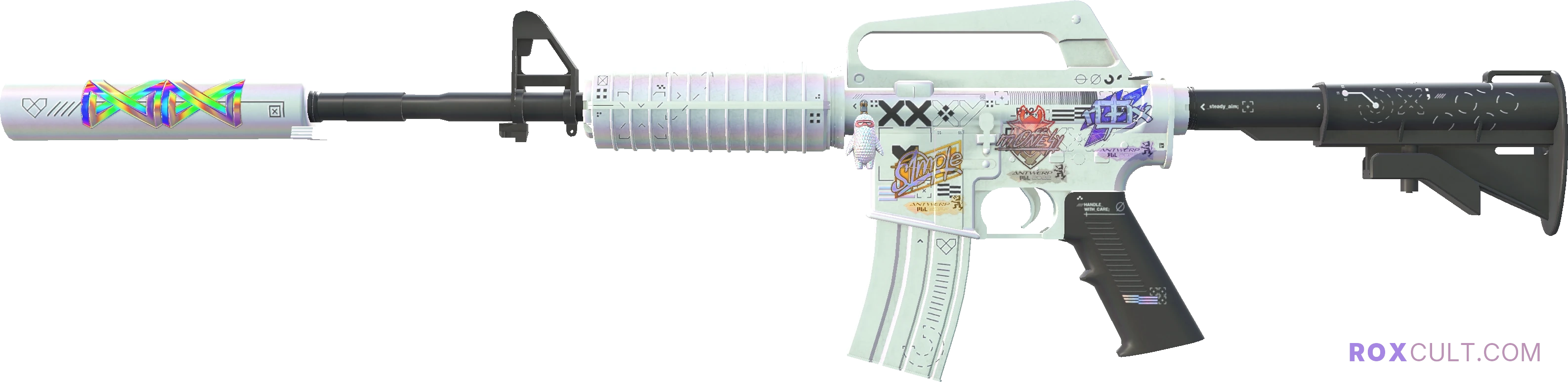 M4A1-S | Printstream (Factory New) — rox (Holo) Antwerp 2022 craft, playside view with 1 rox (Holo) sticker