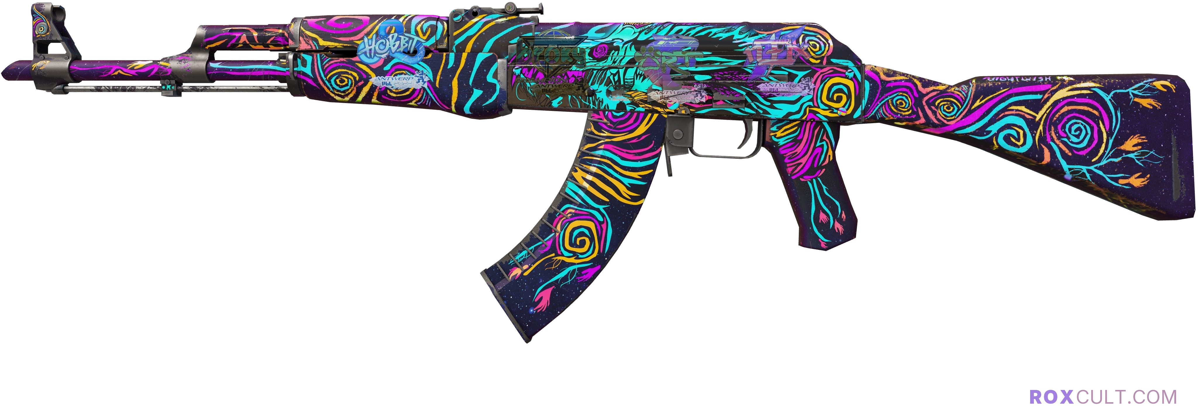 AK-47 | Nightwish (Field-Tested) — rox (Holo) Antwerp 2022 craft, playside view with 1 rox (Holo) sticker