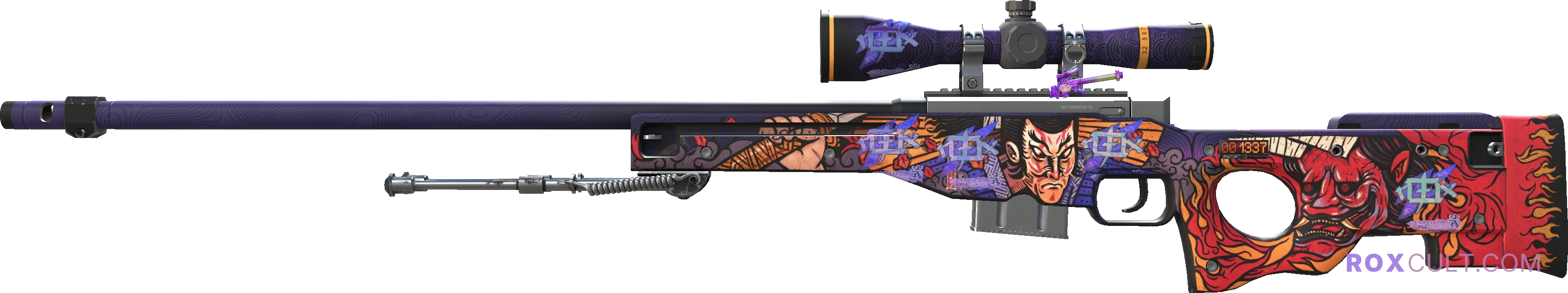 StatTrak™ AWP | Oni Taiji (Factory New) — rox (Holo) Antwerp 2022 craft, playside view with 5 rox (Holo) stickers