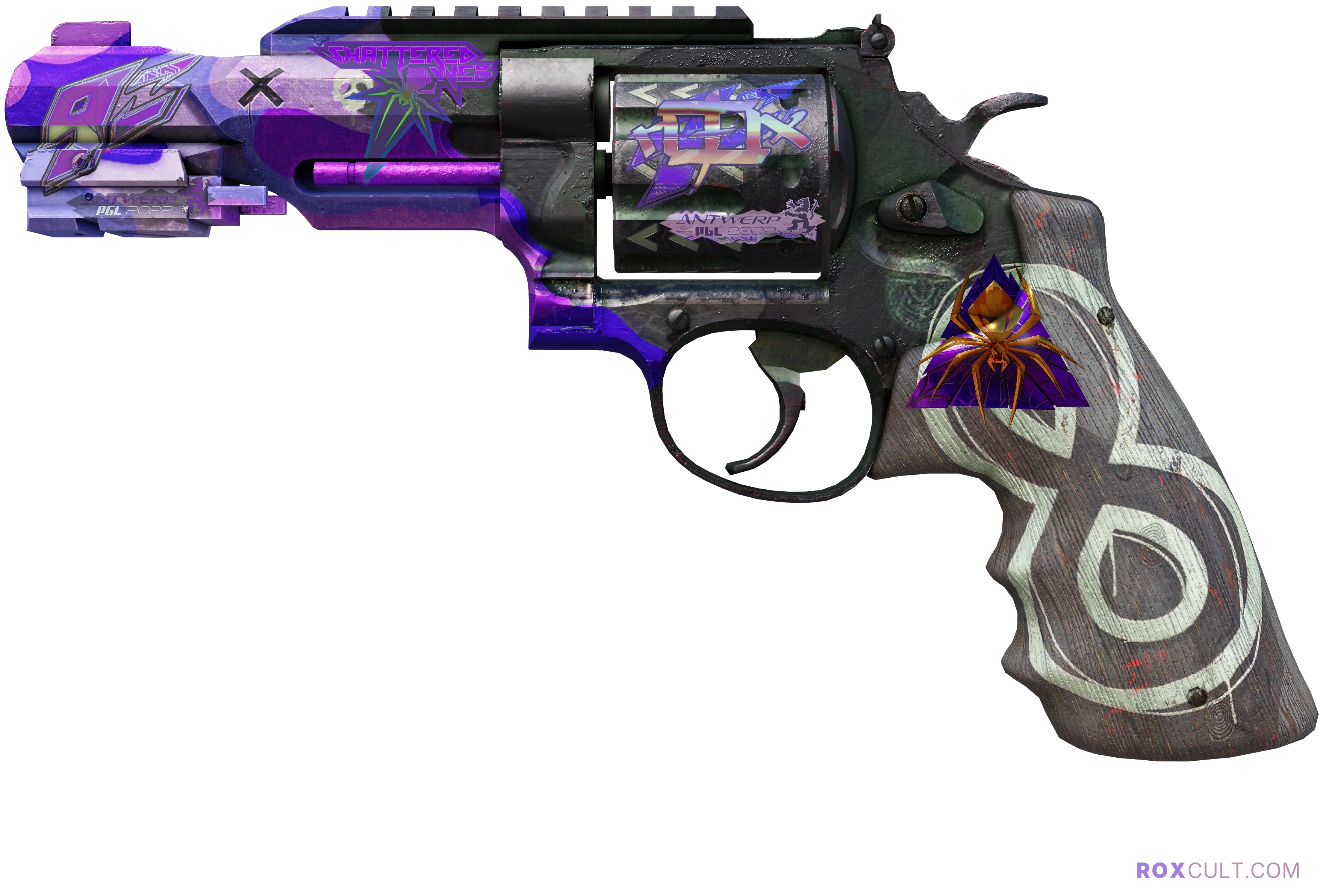 R8 Revolver | Crazy 8 (Field-Tested) — rox (Holo) Antwerp 2022 craft, playside view with 1 rox (Holo) sticker