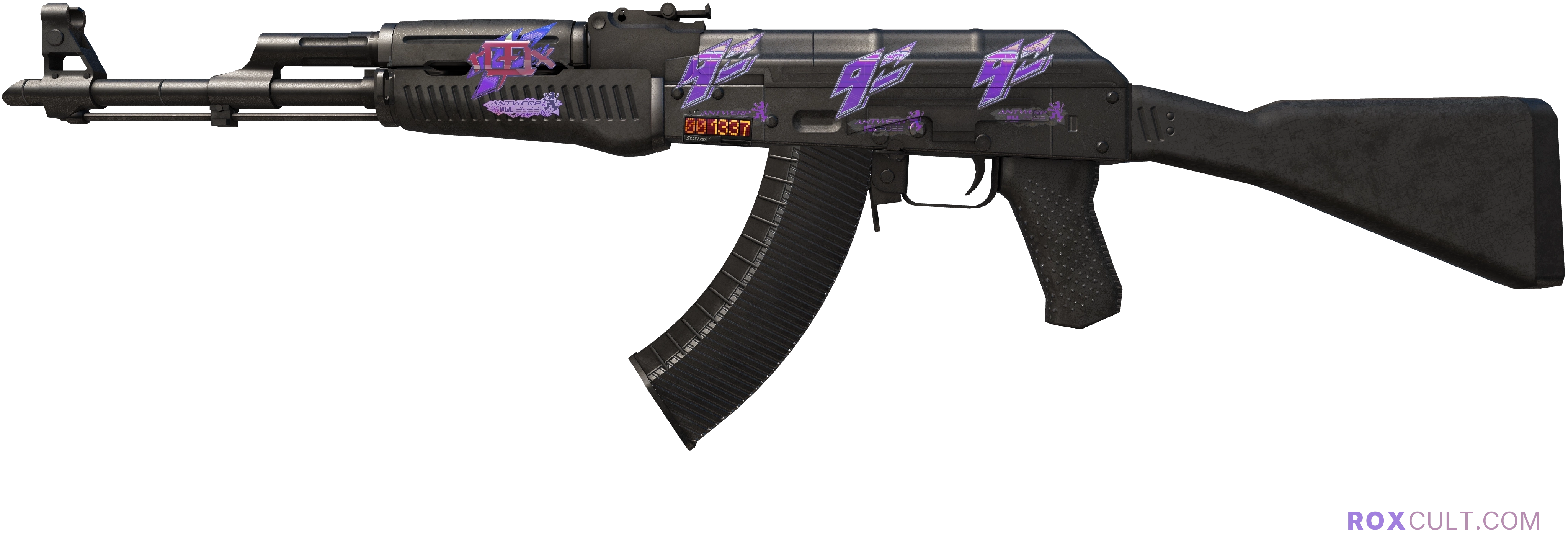 StatTrak™ AK-47 | Slate (Field-Tested) — rox (Holo) Antwerp 2022 craft, playside view with 1 rox (Holo) sticker