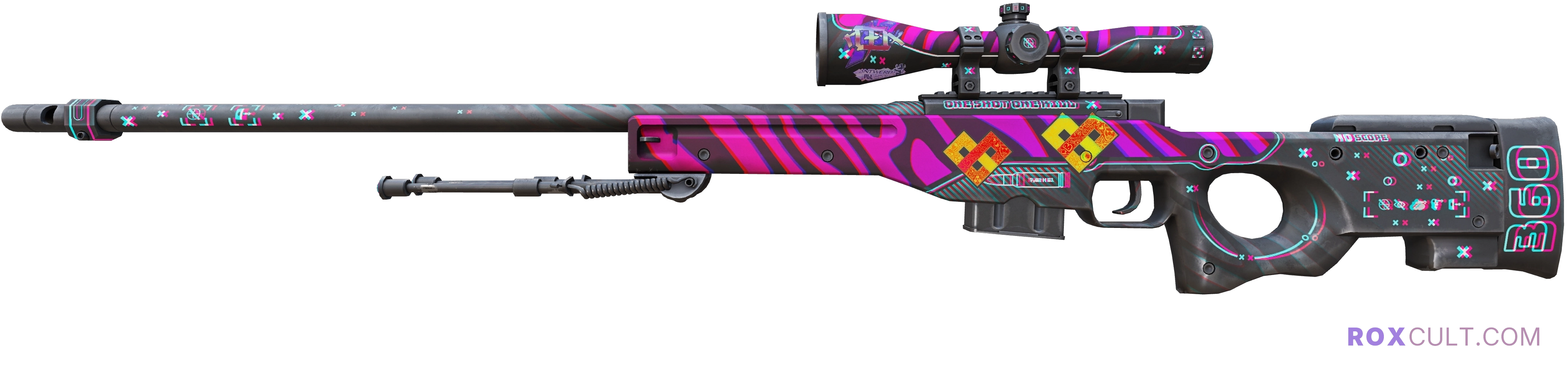 AWP | Chromatic Aberration (Minimal Wear) — rox (Holo) Antwerp 2022 craft, playside view with 1 rox (Holo) sticker