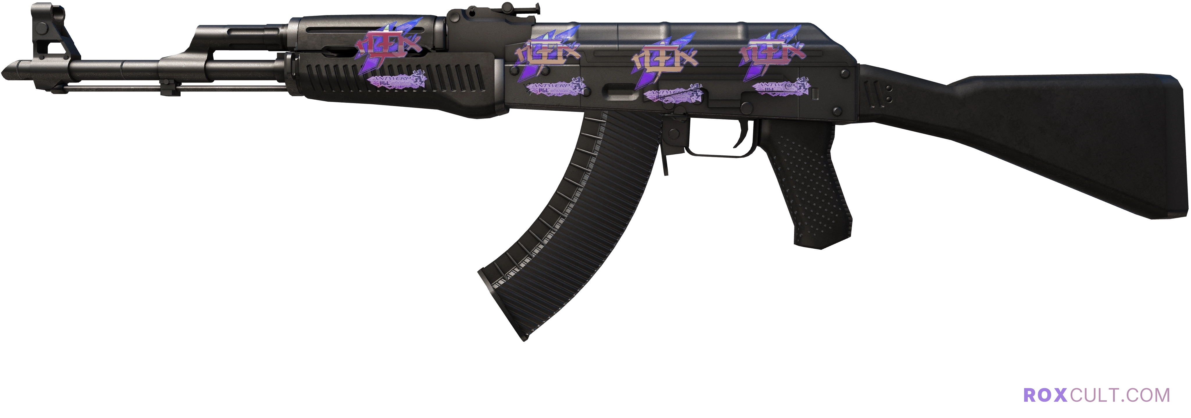 AK-47 | Slate (Factory New) — rox (Holo) Antwerp 2022 craft, playside view with 4 rox (Holo) stickers