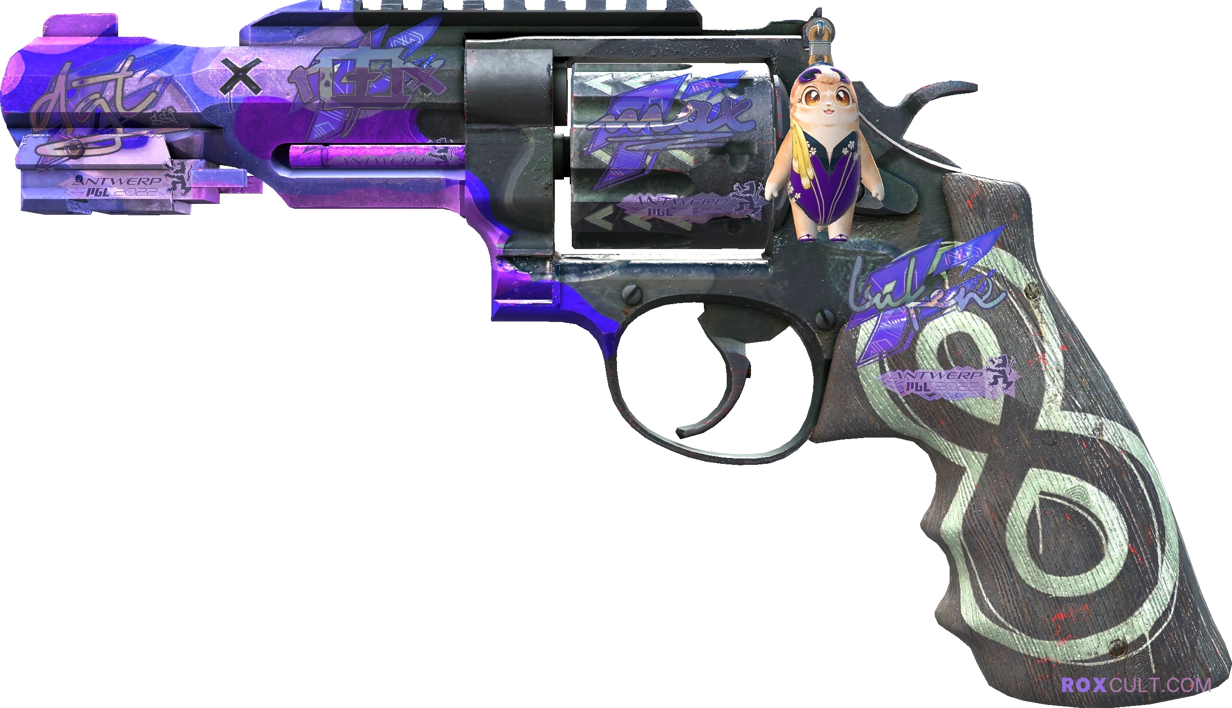 R8 Revolver | Crazy 8 (Minimal Wear) — rox (Holo) Antwerp 2022 craft, playside view with 1 rox (Holo) sticker