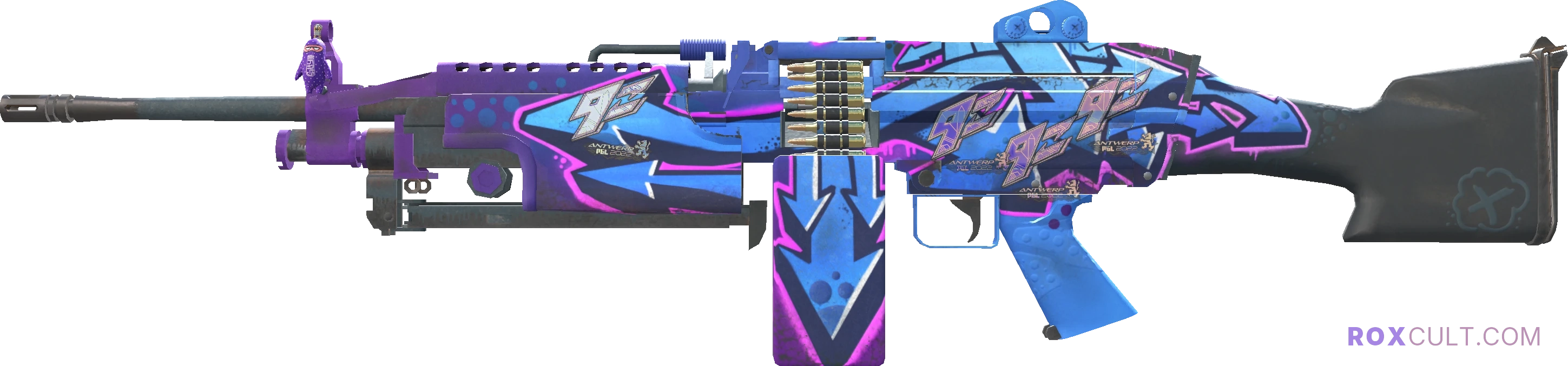 M249 | Downtown (Factory New) — rox (Holo) Antwerp 2022 craft, playside view with 1 rox (Holo) sticker
