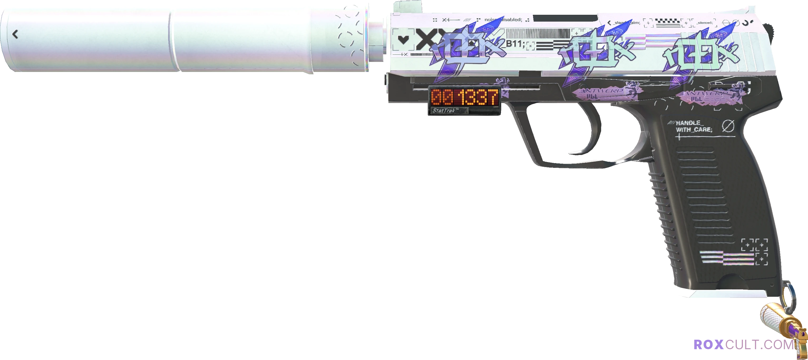 StatTrak™ USP-S | Printstream (Factory New) — rox (Holo) Antwerp 2022 craft, playside view with 3 rox (Holo) stickers