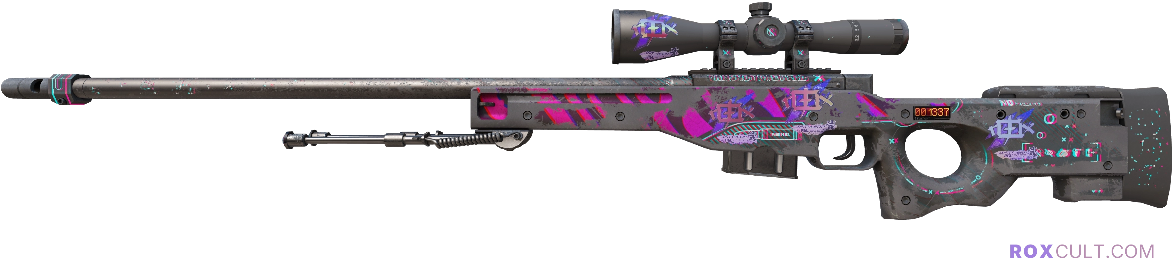 StatTrak™ AWP | Chromatic Aberration (Battle-Scarred) — rox (Holo) Antwerp 2022 craft, playside view with 4 rox (Holo) stickers