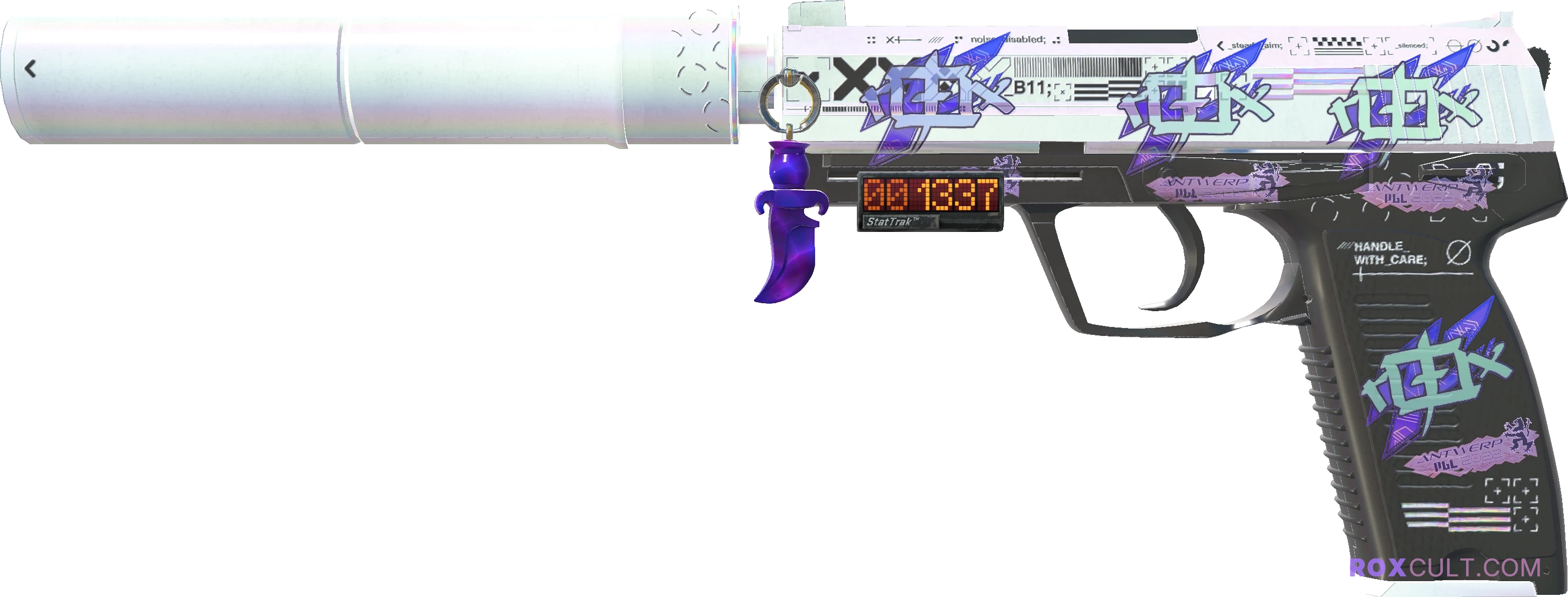 StatTrak™ USP-S | Printstream (Minimal Wear) — rox (Holo) Antwerp 2022 craft, playside view with 4 rox (Holo) stickers