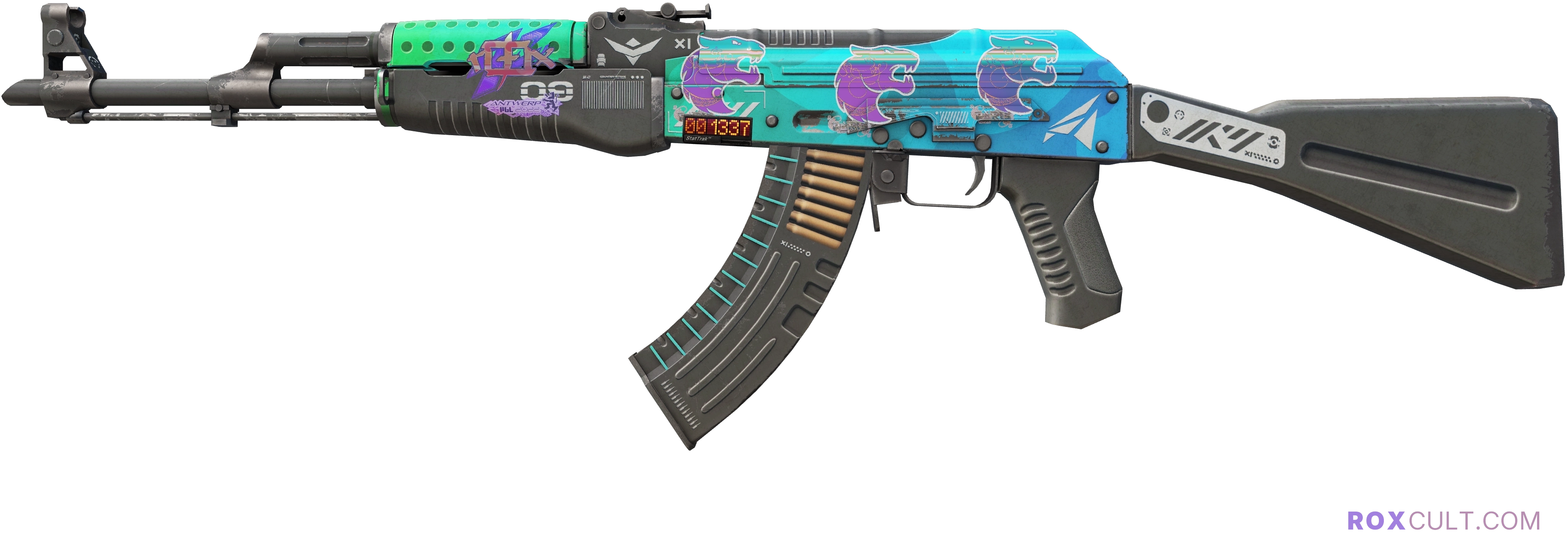 StatTrak™ AK-47 | Ice Coaled (Field-Tested) — rox (Holo) Antwerp 2022 craft, playside view with 1 rox (Holo) sticker