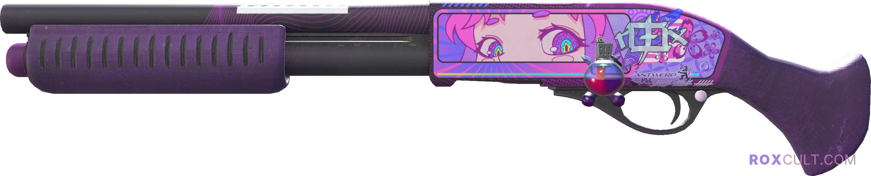 Sawed-Off | Kiss♥Love (Factory New) — rox (Holo) Antwerp 2022 craft, playside view with 1 rox (Holo) sticker