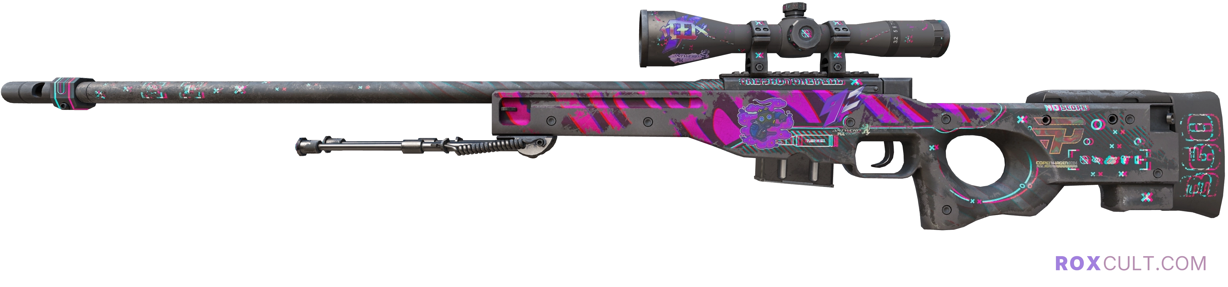 AWP | Chromatic Aberration (Battle-Scarred) — rox (Holo) Antwerp 2022 craft, playside view with 1 rox (Holo) sticker