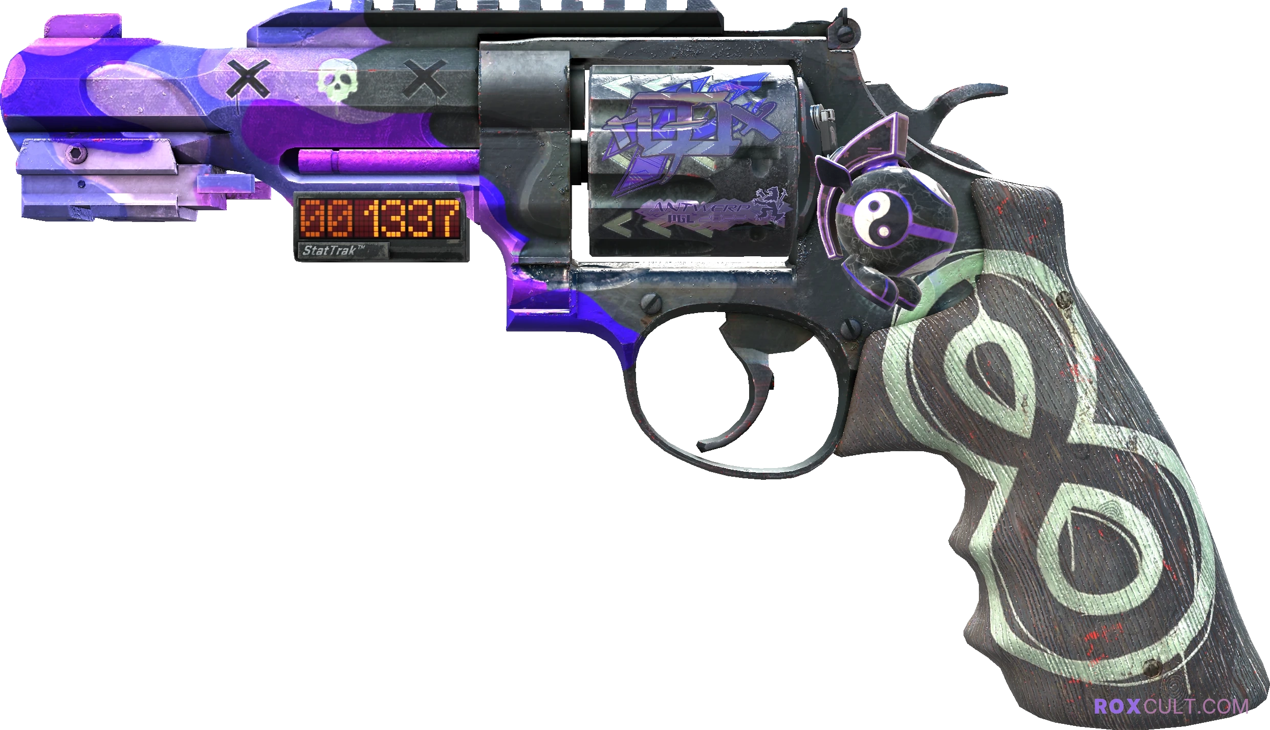 StatTrak™ R8 Revolver | Crazy 8 (Factory New) — rox (Holo) Antwerp 2022 craft, playside view with 1 rox (Holo) sticker