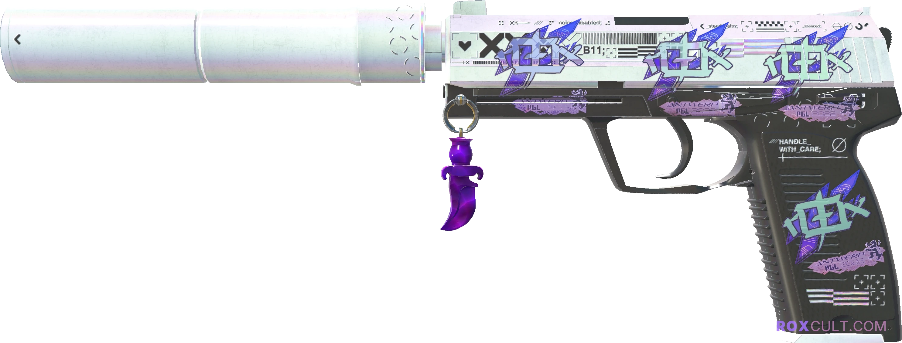 USP-S | Printstream (Field-Tested) — rox (Holo) Antwerp 2022 craft, playside view with 4 rox (Holo) stickers