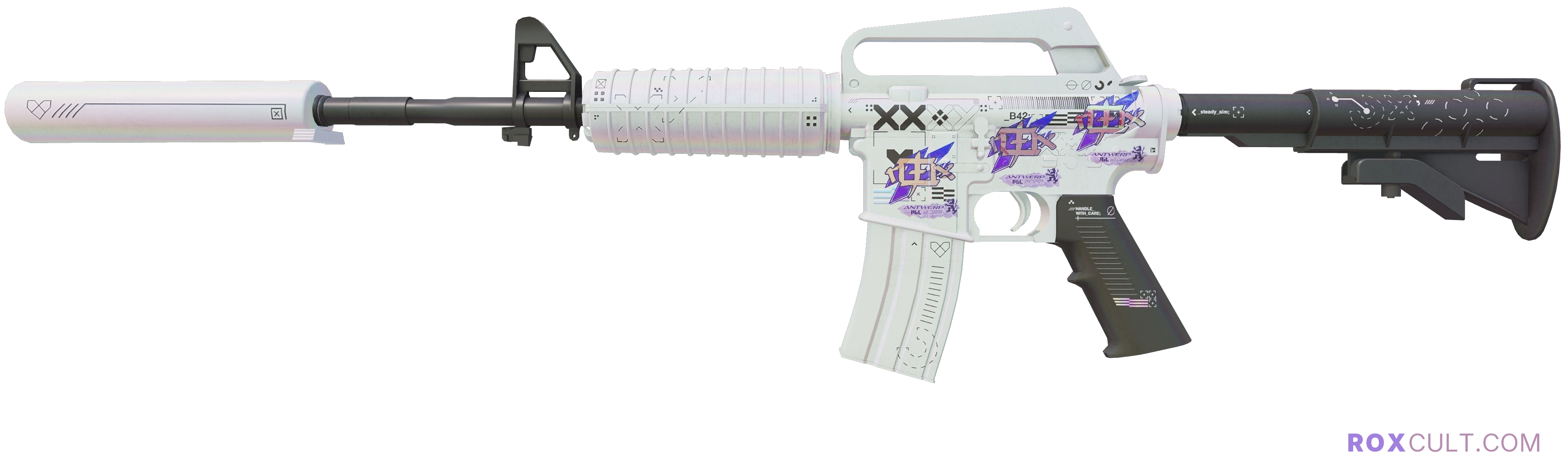 M4A1-S | Printstream (Factory New) — rox (Holo) Antwerp 2022 craft, playside view with 3 rox (Holo) stickers