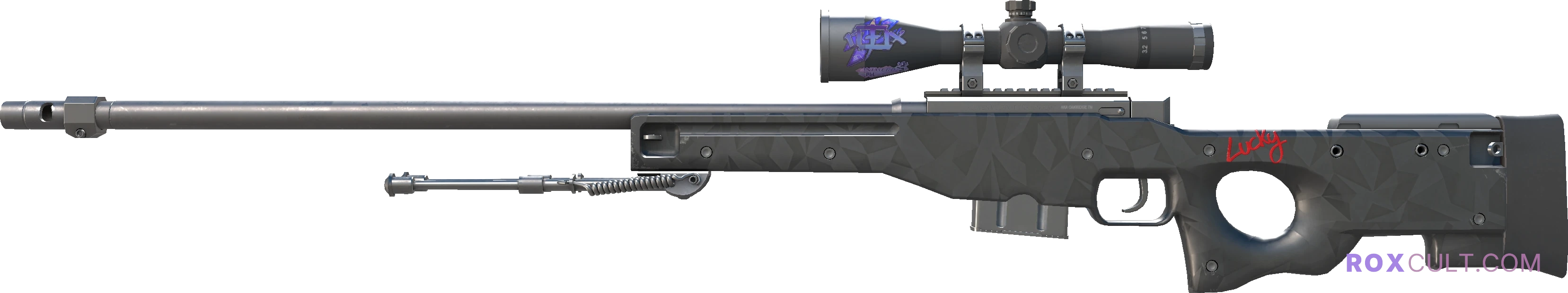 AWP | Graphite (Factory New) — rox (Holo) Antwerp 2022 craft, playside view with 1 rox (Holo) sticker