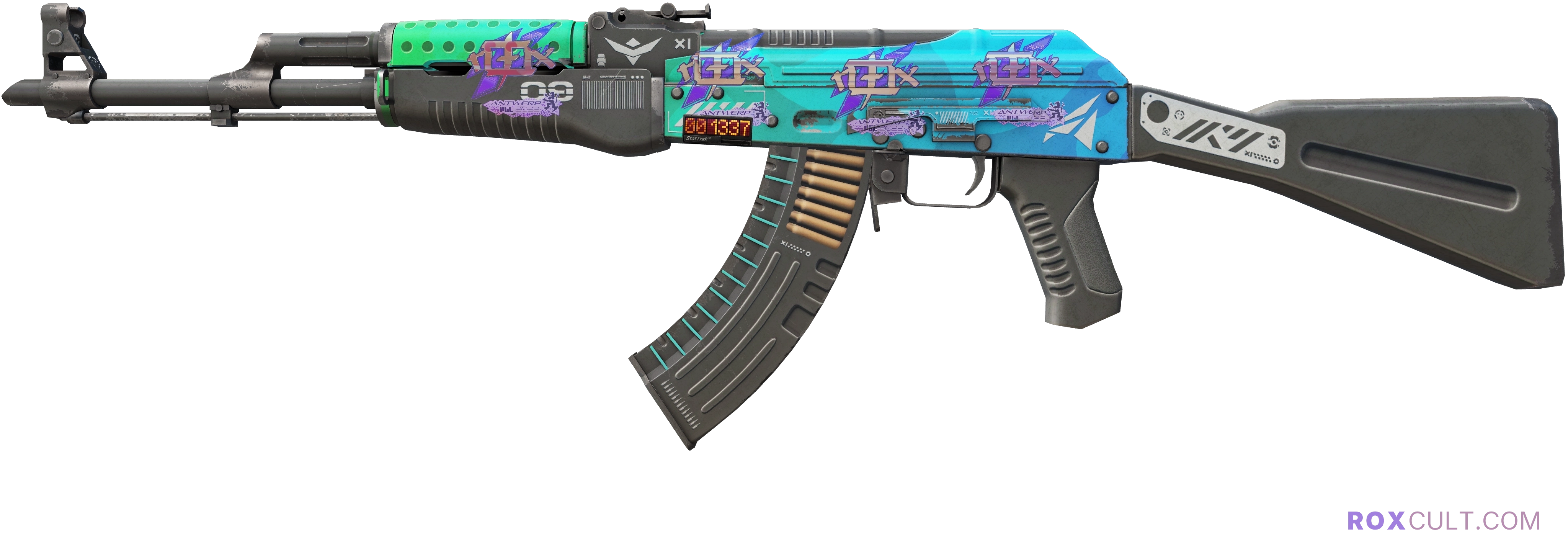 StatTrak™ AK-47 | Ice Coaled (Field-Tested) — rox (Holo) Antwerp 2022 craft, playside view with 4 rox (Holo) stickers